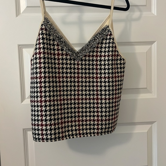 Zara Basic cream red black Houndstooth Faux Suede Camisole Tank Top L preppy - Picture 2 of 14